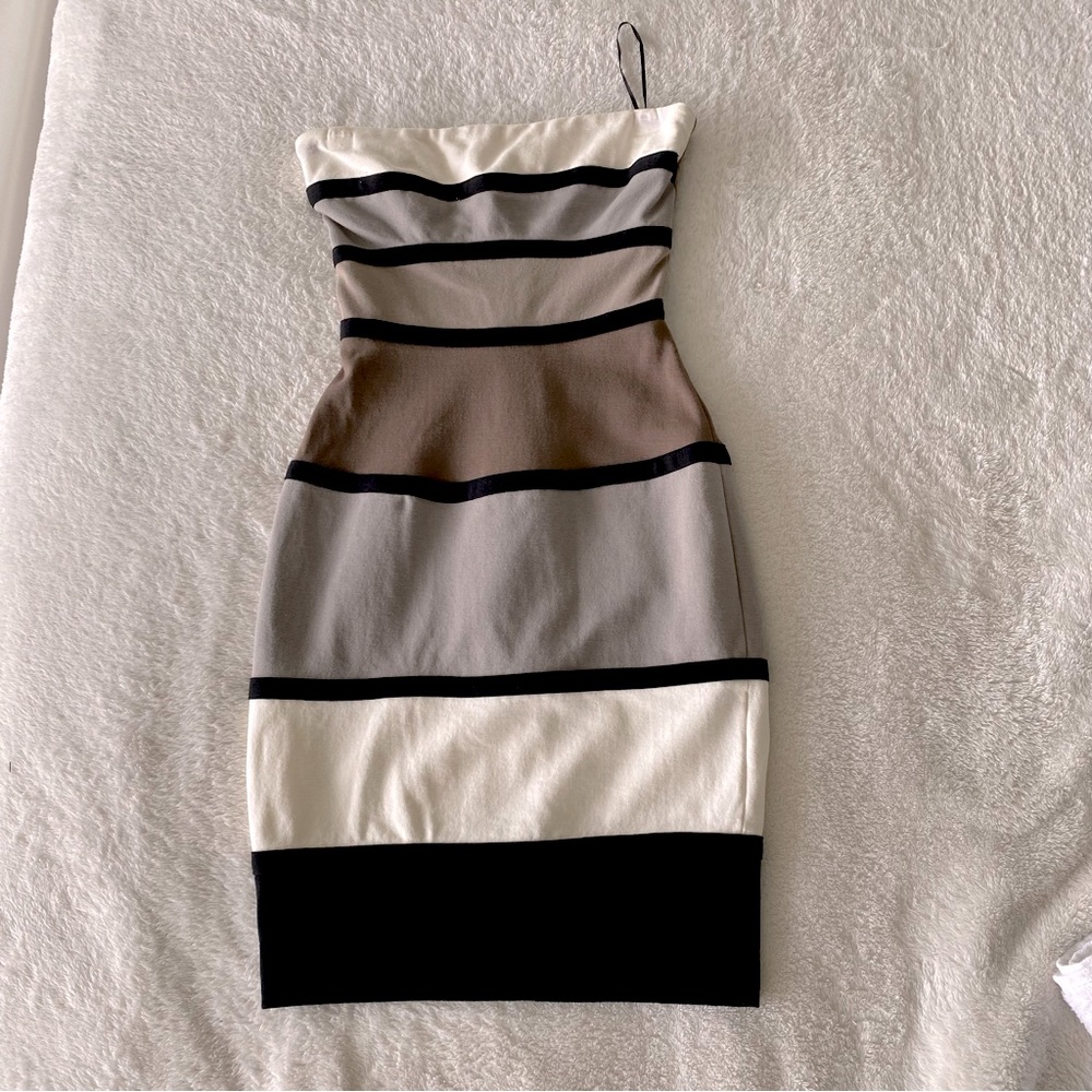 River Island unique earth tones striped body con strapless dress.